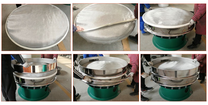 食品振動篩網(wǎng)安裝步驟3，將密封圈安裝到網(wǎng)架周圍，將篩框放到網(wǎng)架上，并利用束環(huán)將上下兩層篩框固定在一起。