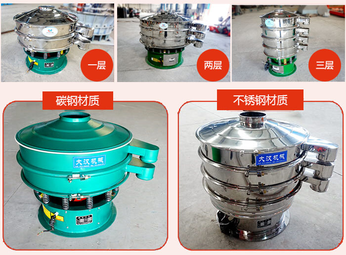 旋振篩層級分類:一層,兩層,三層材質(zhì)分類:碳鋼,不銹鋼等