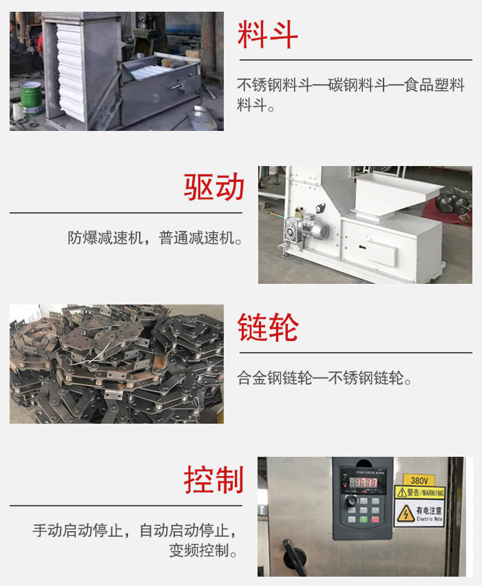 z型斗式提升機料斗：不銹鋼料斗-碳鋼料斗-食品塑料料斗。驅動裝置采用的式防爆減速機，普通減速機兩種。鏈輪采用合金鏈輪-不銹鋼鏈輪控制器：手動啟動/停止，以及自動啟動停止。