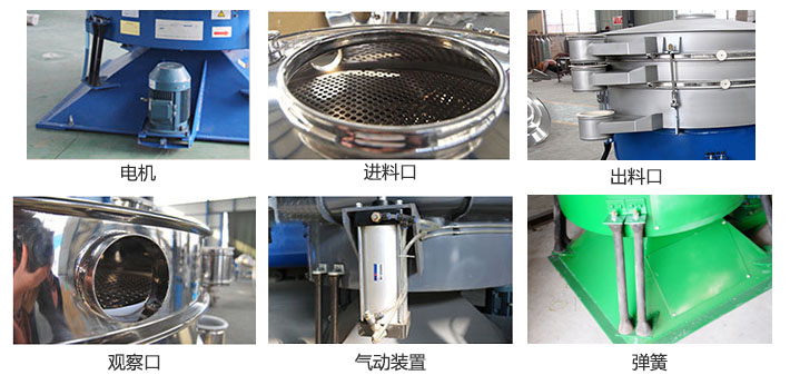 搖擺篩分機(jī)由進(jìn)料口，出料口，觀察口，電機(jī)，彈簧，氣動裝置等部件組成
