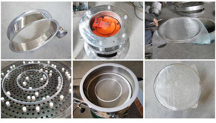 不銹鋼小型振動(dòng)篩細(xì)節(jié):振動(dòng)篩篩框,振動(dòng)電機(jī)座,篩網(wǎng),彈跳球,密封圈,篩網(wǎng)網(wǎng)架。