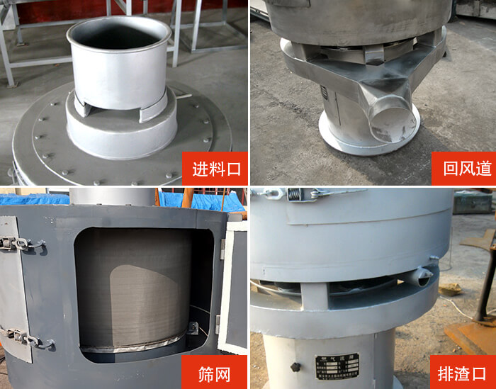 氣流篩分機(jī)進(jìn)料口,回風(fēng)道,篩網(wǎng),排渣口。