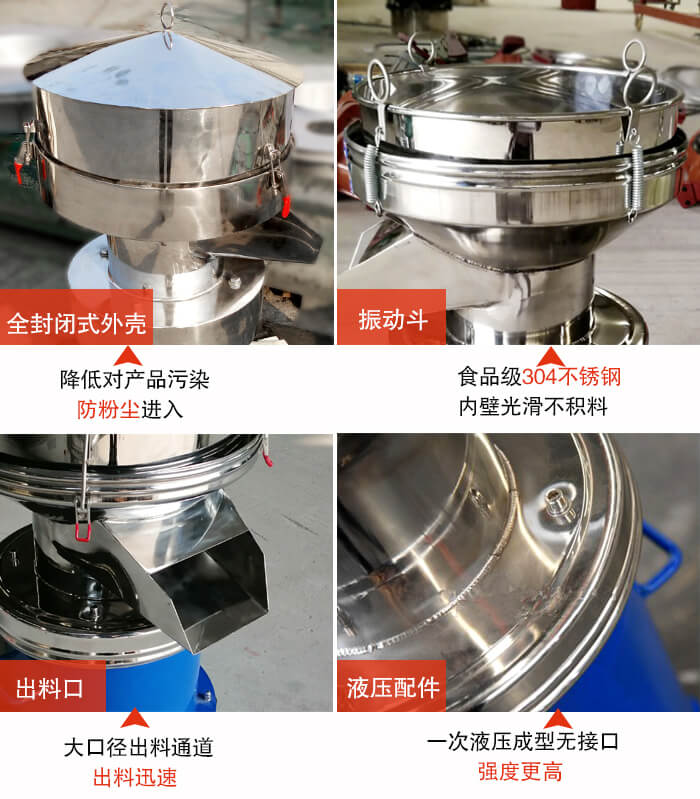 450過濾篩機結構組成：全封閉式外殼設計：對產品的污染低，防塵粉進入電機內部延長設備壽命。振動斗：食品304不銹鋼篩斗，內壁光滑不存在積料現象。出料口，大口徑出料通道，出料迅速，提高工作效率。液壓配件：一次液壓成型無接口強度更高。