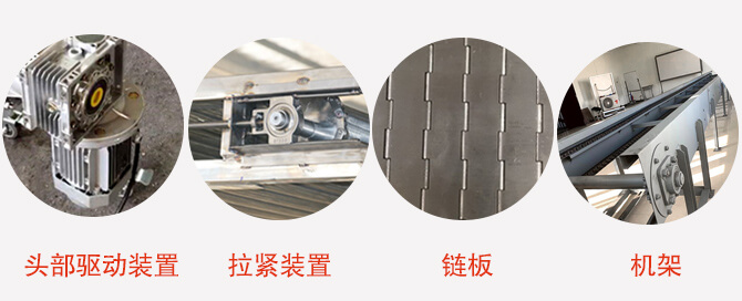 鏈板輸送機(jī)結(jié)構(gòu)：頭部驅(qū)動(dòng)裝置，拉緊裝置，鏈板，機(jī)架等圖片展示