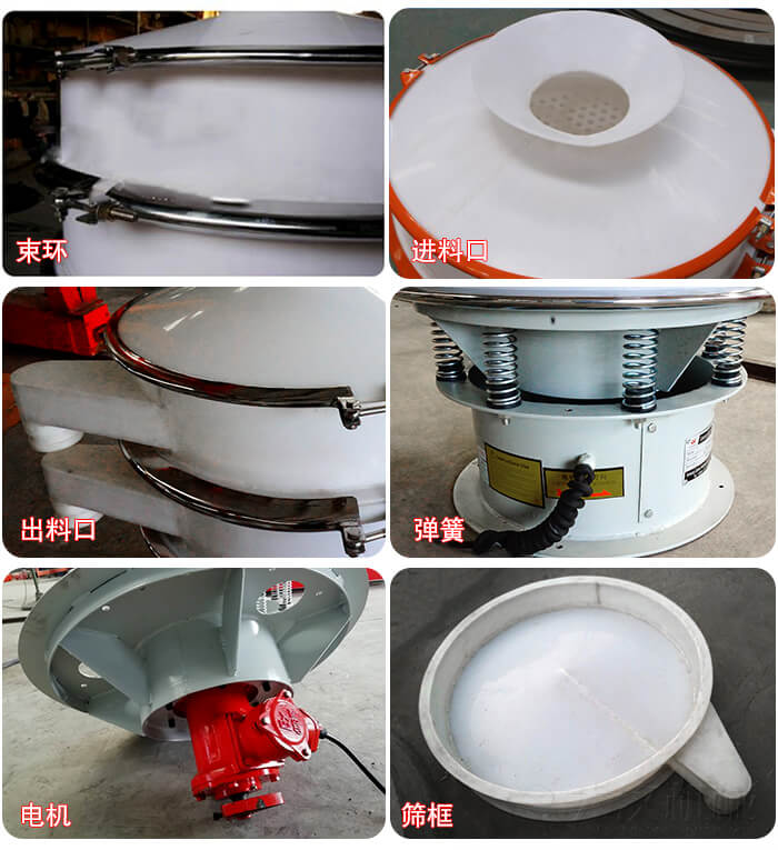 塑料防腐蝕振動篩細(xì)節(jié):進(jìn)料口,框體,網(wǎng)架底框,出料口等。