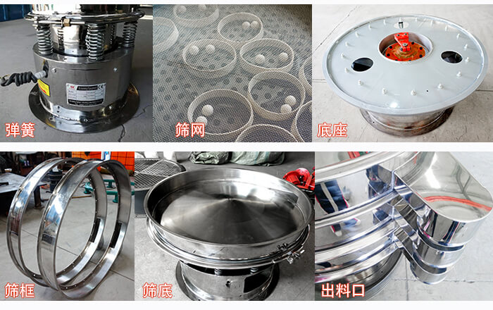 細(xì)節(jié)展示：篩框，篩網(wǎng)，振動(dòng)底座，振動(dòng)體，出料口。